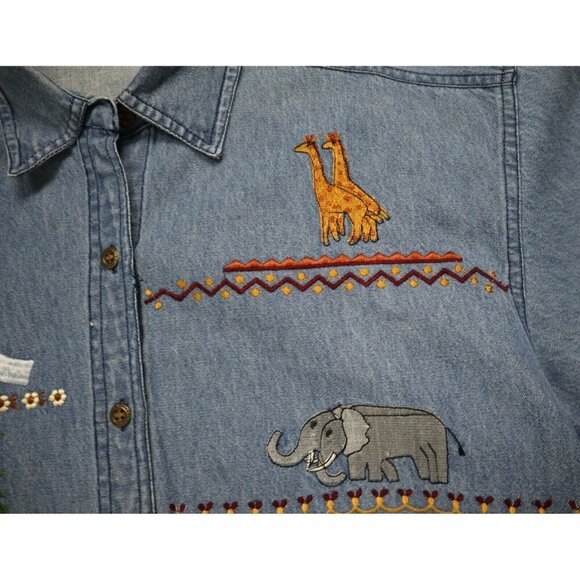 WOMEN'S NOAH'S ARK THEMED DENIM BUTTON-UP SHIRT - SIZE L - WAY TO GO - Picture 6 of 8